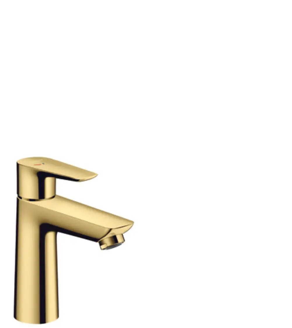 Einhebel-Waschtischmischer in glänzendem Gold mit einem modernen Design und einem Zugstangen-Ablauf von Hansgrohe.